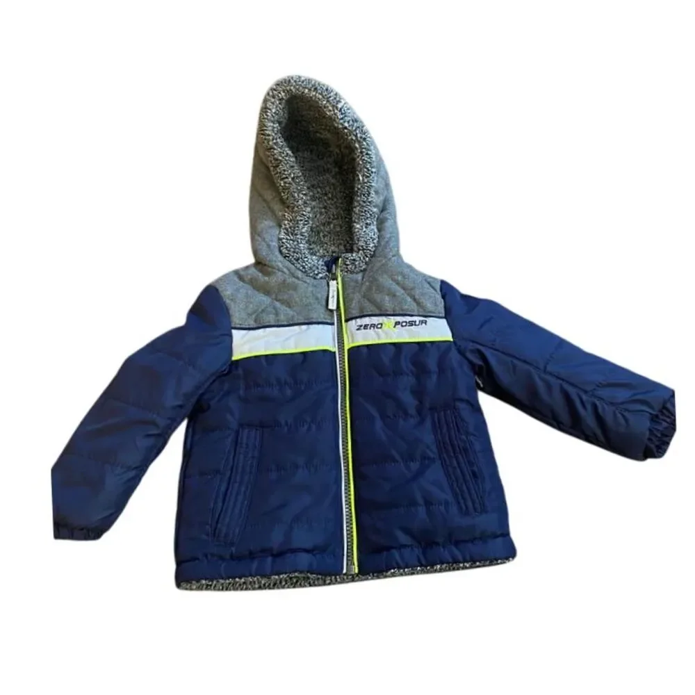 Zero Xposur Kids Winter Puffer Jacket Blue Gray Sherpa‎ Lined Hooded Coat 18M